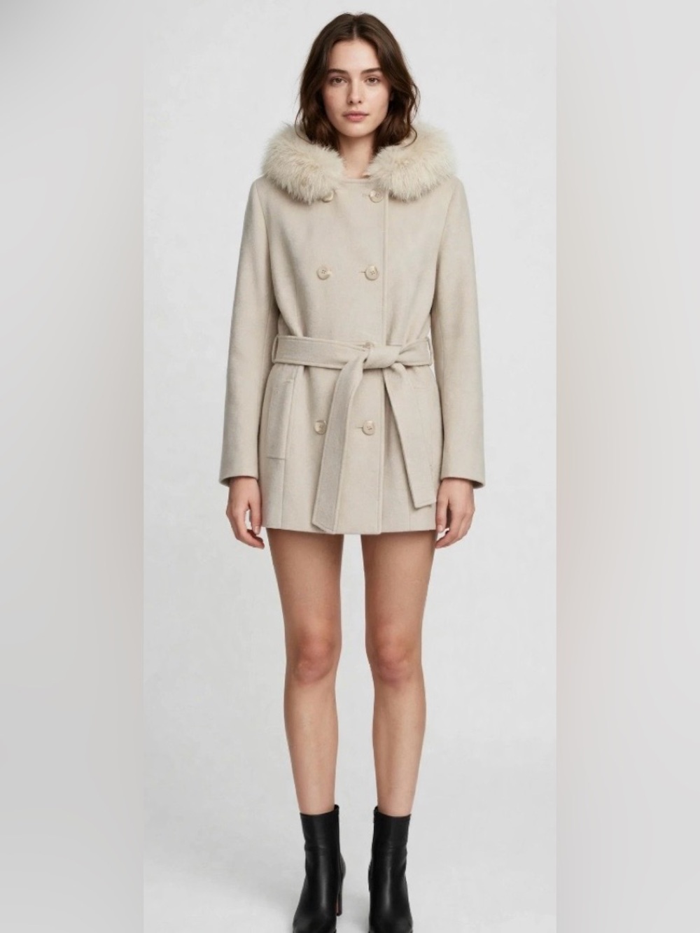 Albert Nipon Beige Trench Coat with Fox Fur Collar Sz. 4 Vintage